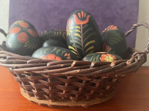 12 Hand painted Wooden Eggs _ Eastern European Folk Art - 3 Flawed