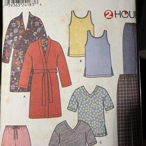 May include: Simplicity sewing pattern featuring sleepwear designs. Includes patterns for robes, tank tops, shorts, and pants. The pattern includes sizes XS, S, M, L, and XL. The front of the pattern is white with illustrations of the clothing.