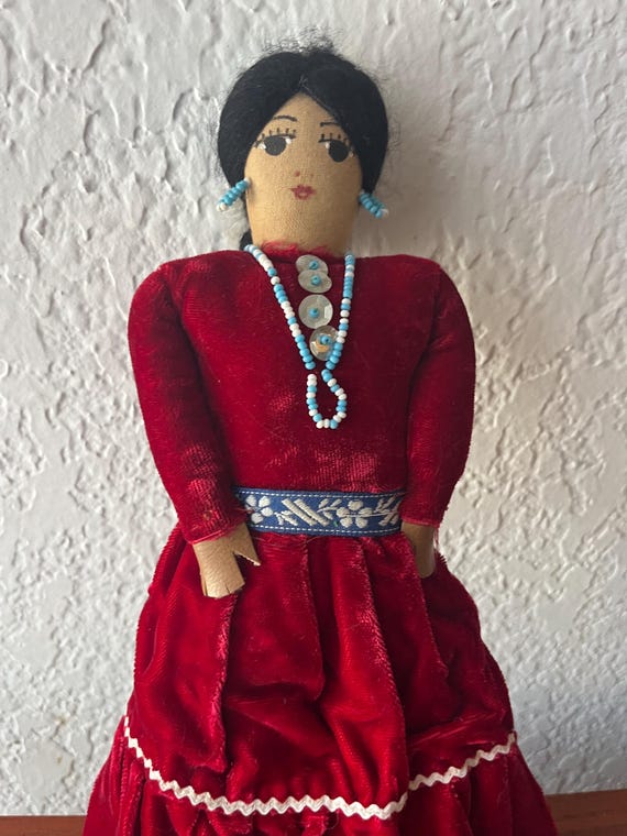 Vintage Navajo Cloth Doll 10” Tall Red Velvet Dress / Beads / Mixed Materials