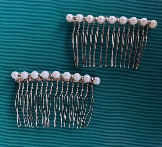 Pair of Vintage Hair Combs Gold Tone Twisted Metal Beaded with Faux Pearls