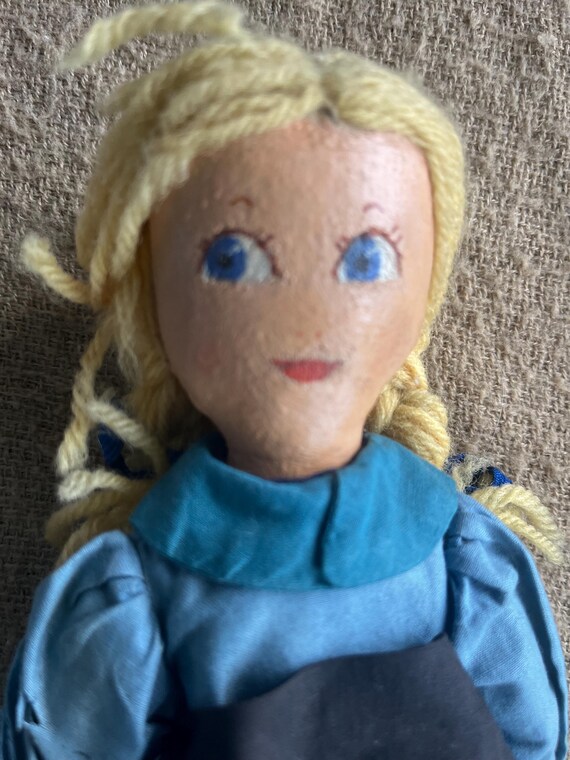 Vintage Primitive Americana Folk Art Farmer Girl Oil Paint Yarn Hair 13” Tall Dress has Tatters Mid-century