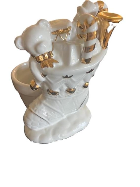 Christmas Porcelain Cup Dish Planter Holder Holiday Decor White with Gold Paint Trim