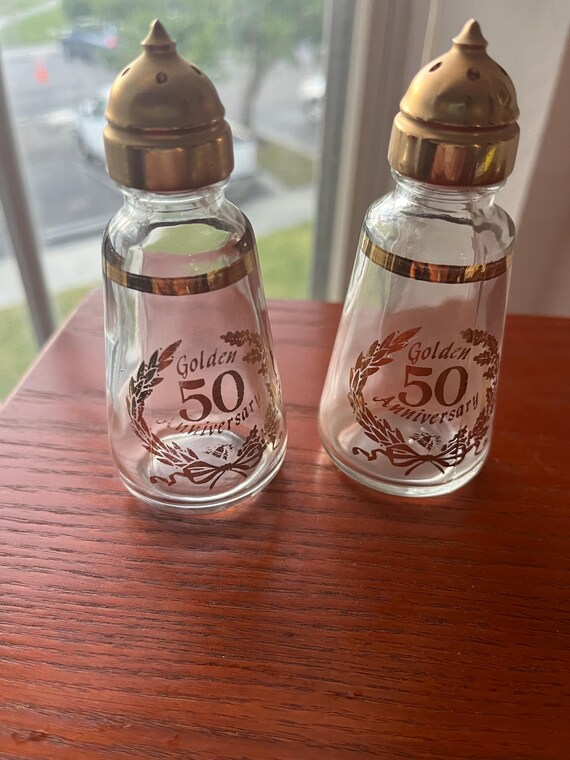 Vintage Golden 50th Anniversary Salt and Pepper Shakers, Anchor Hocking