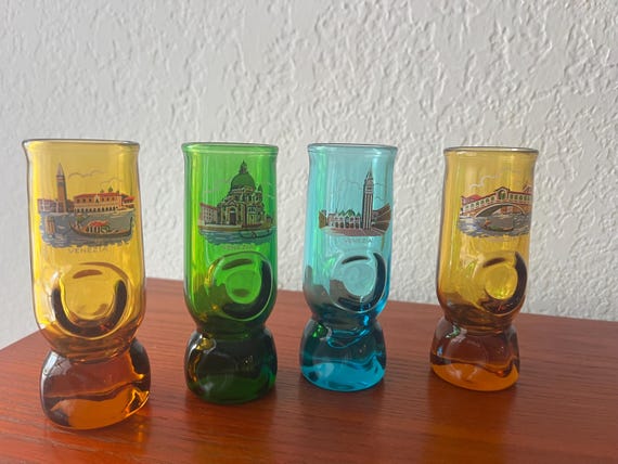 Vintage Shot Glasses- Set of 4 - Venice Italy Scenes - Thumpprint Glasses - Vintage Souvignier Glasses