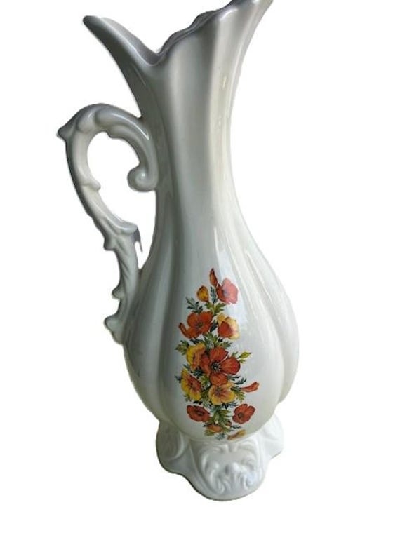 1982 Vintage Ceramic Pitcher with Floral Design Stands 14 inches Tall
