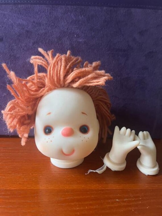 Vintage 1980s 4" Doll Head with Hands - Brown Hair - Made in Hong Kong