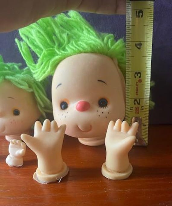 2 Vintage 1980s Doll Heads with Hands, Green Hair - Made in Hong Kong