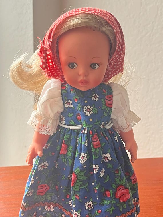 Vintage Circa 1950s Dutch Rubber Doll w Good Movement Red Rainboots and Display Stand