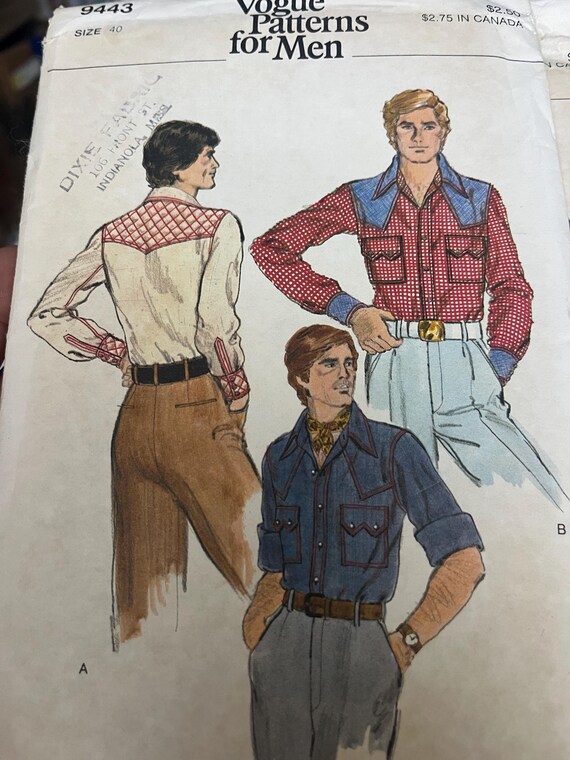 Vintage Vogue 1970s Western Style Shirt Patterns for Men Uncut Size 40