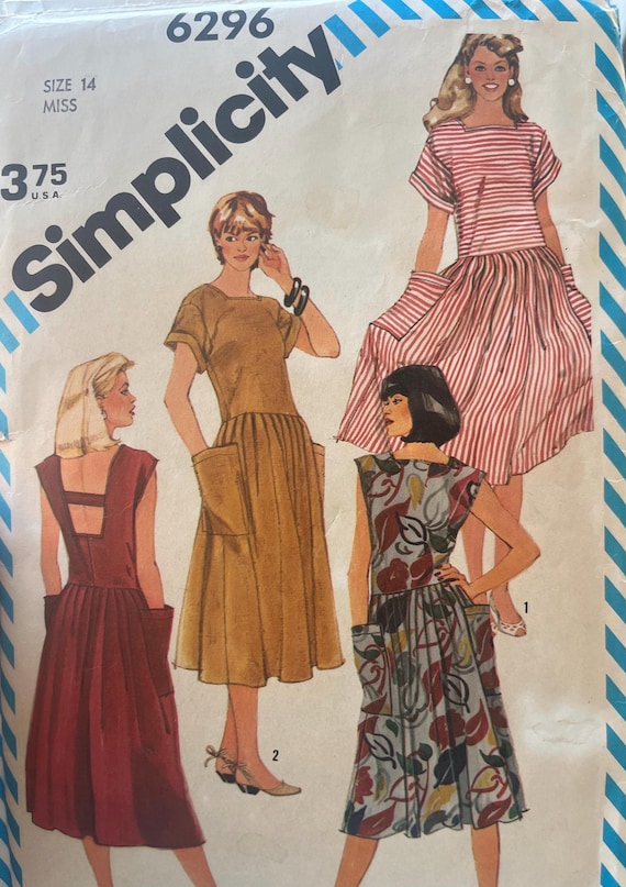 1980s Casual Dress Patterns Uncut Pullover Dropped Waist Dress with Pockets Simplicity 6296 Size 14