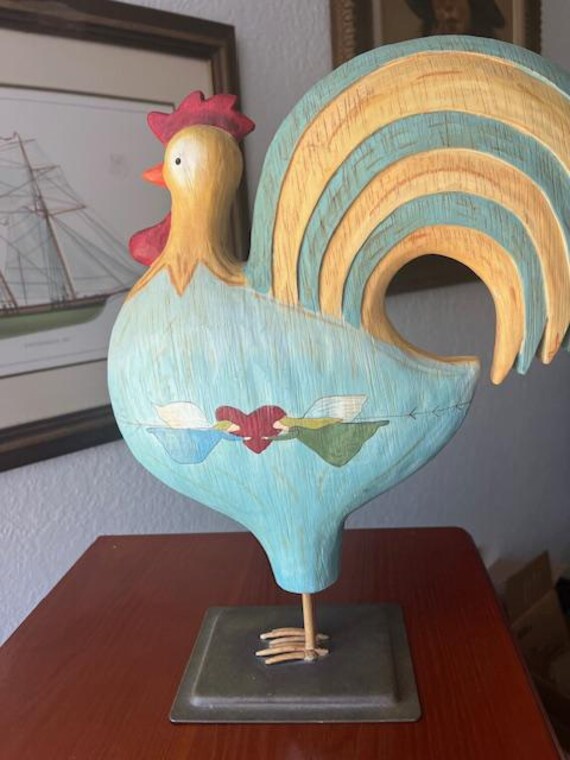 Russ Berrie Wood and Metal Handpainted Rooster Statue Aprox 13 in Tall Folk Art Country