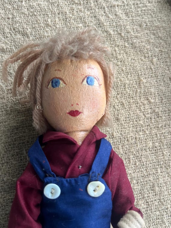 Vintage Primitive Americana Folk Art Farmer Boy Oil Paint Yarn Hair12” Mid-century