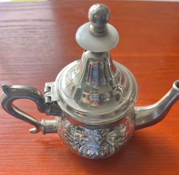 Vintage Mini Silver-Plated Moroccan Teapot Signed Marque Depose Theires Koutbia