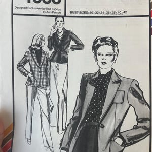 May include: A sewing pattern for a one-button blazer. The pattern is for sizes 30-42 and is designed for knit fabrics. The pattern is called "Stretch & Sew" and the pattern number is 1035.