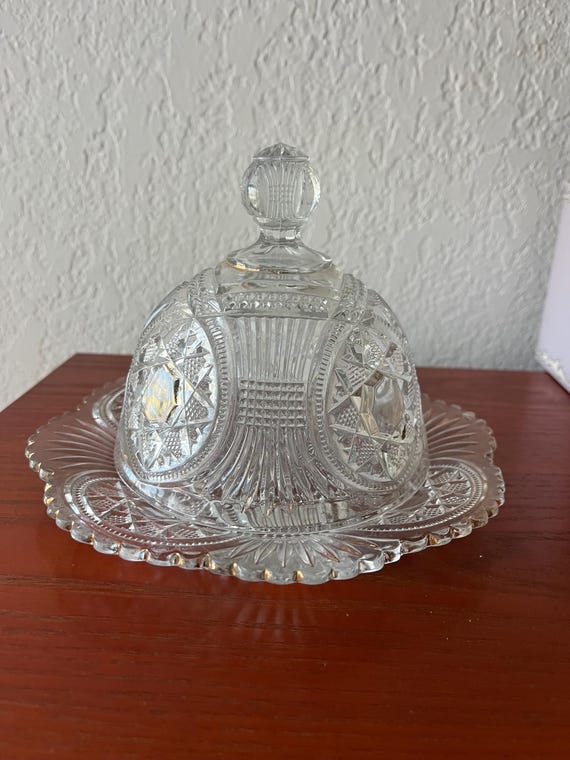 Glass Domed Butter Dish w/ Sunburst Design Typical of LE Smith Cut Glass Dishes - Vintage