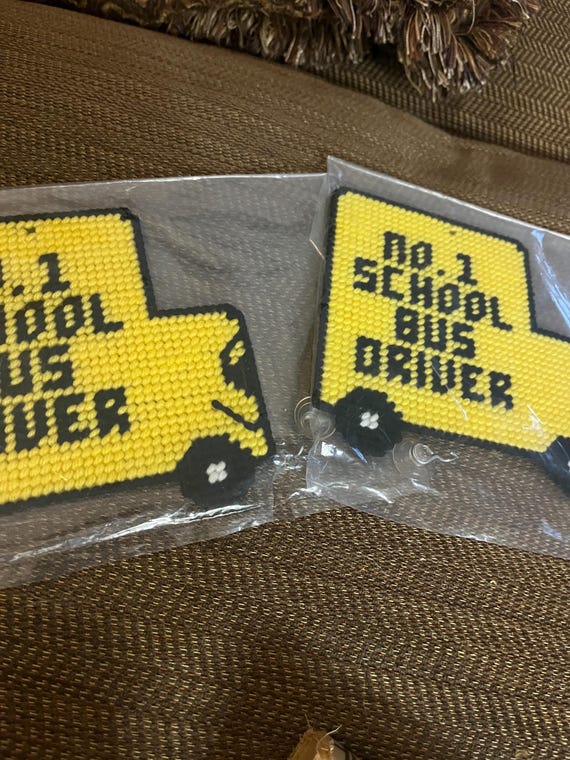 Set of 2 No. 1 School Bus Driver Handcrafted Gift, Window Display, or Craft Comes with hanging clip, see pics
