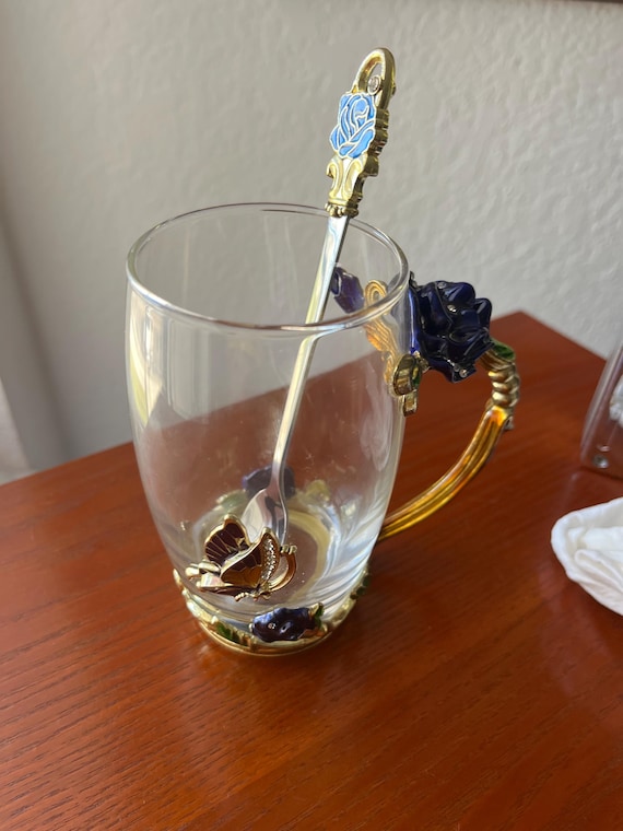 ARC of France enameled and Jewled glass mug with teaspoon gold tone accents. Gorgeous.