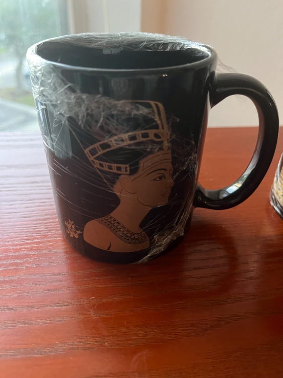 Vintage Egyptian mugs, black and gold like new Ellen Mcora, Egyptian subject matter Nefertiti