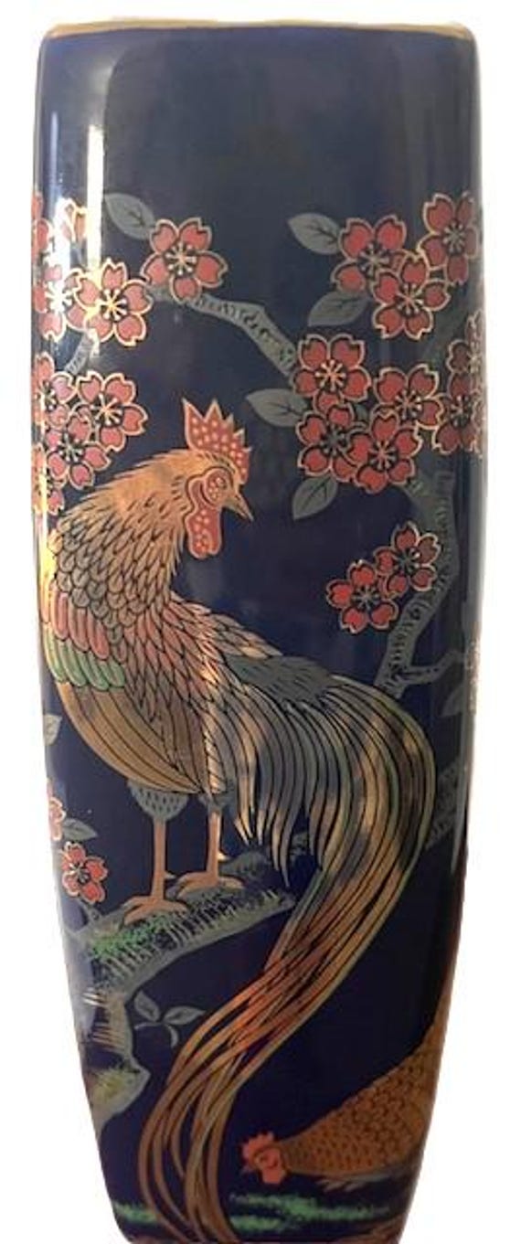 Vintage 9.5” Tall Cobalt Blue Vase Featuring Onagadori Roosters Made in Japan