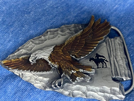 Vintage Pewter Soaring Eagle with Native American Rider in the Distance Buckle its Arrowhead Shaped 1999 SiskiyoU Buckle Company