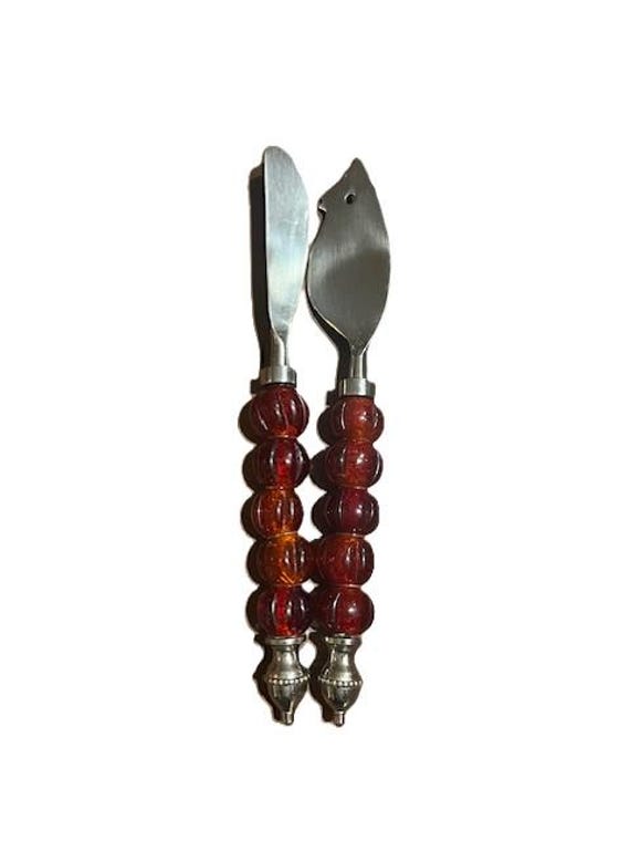 Vintage Cheese Knife and Spreader Acrylic Ruby Red Handle