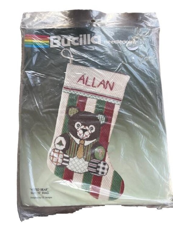 Vintage Bucilla Needlepoint Vested Bear Christmas Stocking Size 17 inches Diag Sealed Like New Kit