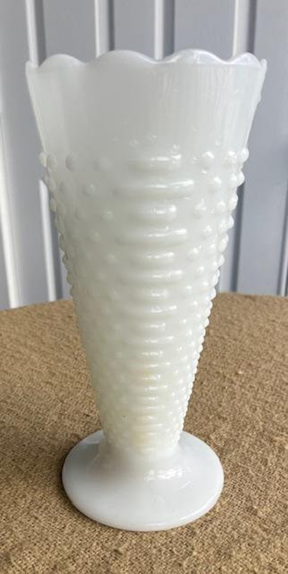 Large Vase Mid-century Milk Glass 9.5 in 3-D Geometric Design