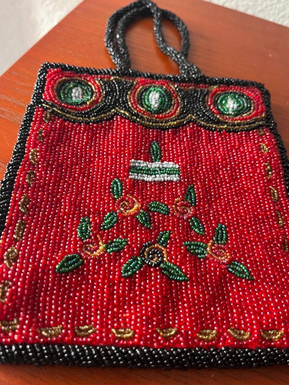 Vintage Beaded Evening Bag 4” Drop Top Handle Festive Theme Mid-Century Modern