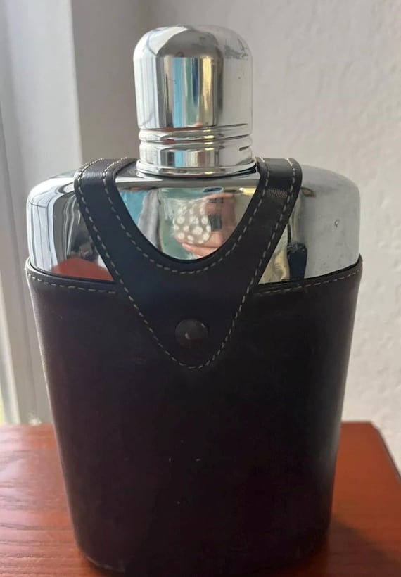 Vintage Saddler by Bosca Glass Flask with Leather Case Retro Barware