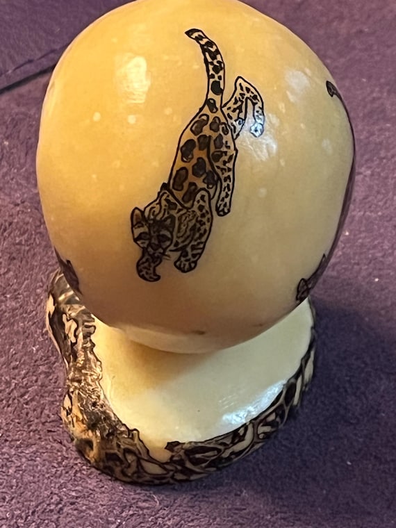 Tagua Nut Ocelot / Leapord Carving Miniture Handcarved and Handpainted Signed Sculpture -Spotted Wild Cat Made in Panama