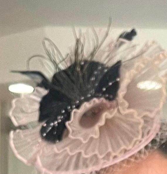 Vintage Pink Hairclip Hat w/ Black Feathers Cocktail Party Hat. his hairpiece is clipped to a headband for easy wear