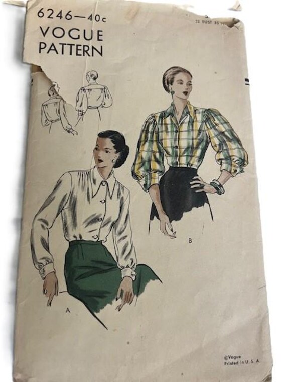 Rare Vintage 1940s / 1950s Vogue Blouse Pattern Mid-Century Vogue