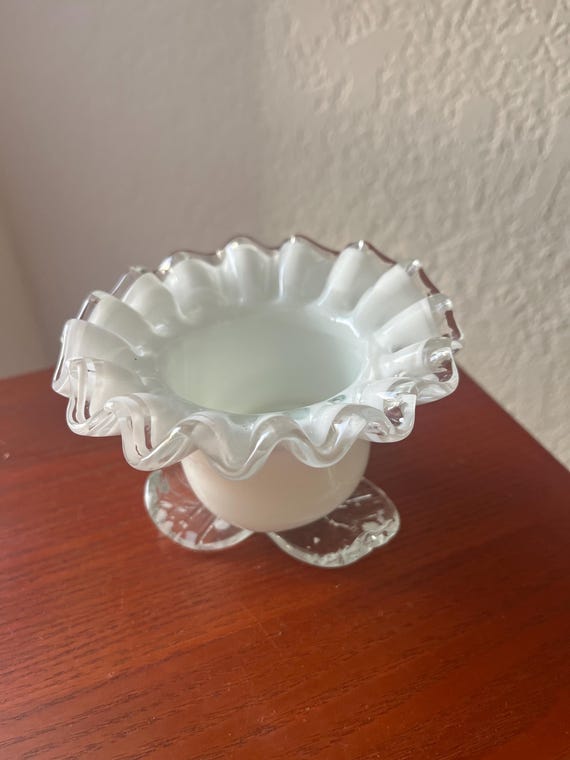 Mid-century Fenton Ruffeled Milk Glass Bowl Footed w/ Clear Glass Leaves.
