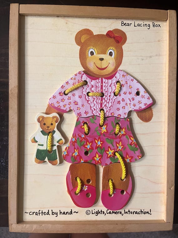 Melissa and Doug Handcrafted Vintage Bear Lacing Box Lots of Outfit Combinatiins Helps Little Ones Learn to Dress