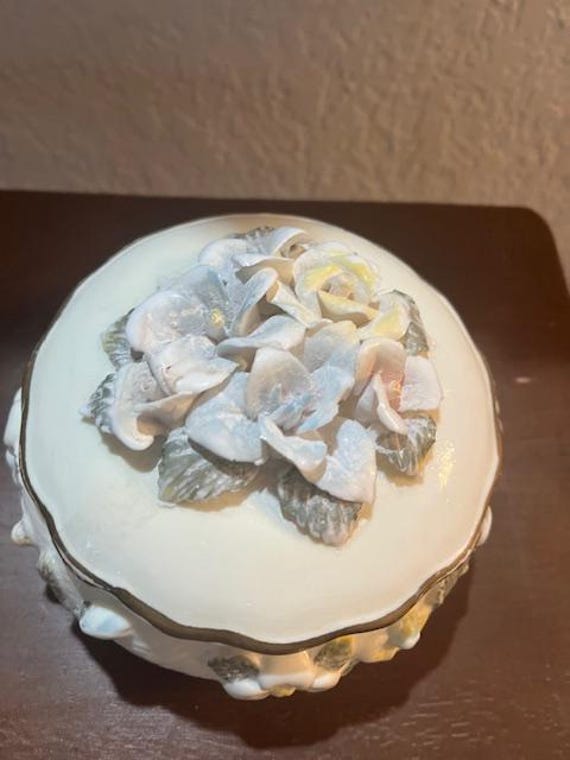Large 5 Inch Diameter Porcelain Trinket Box with3D Flower Design Gold Trim Around Rim
