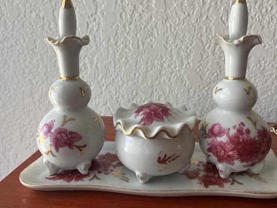 Vintage Vanity Set - With Tops - Foral Pink and White Porcelain