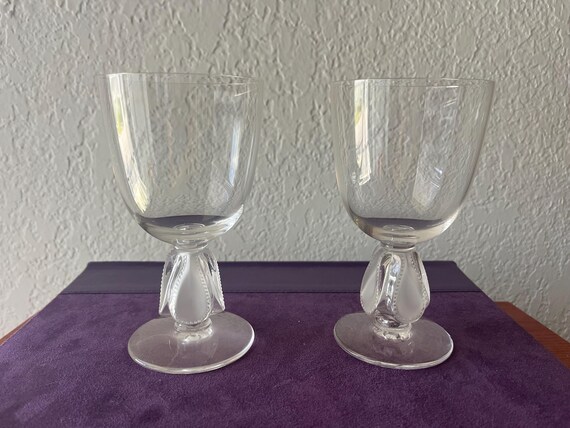 Lalique Crystal Water / Wine Goblets - Pair - Great Wedding / Engagement Gift - Made in France.