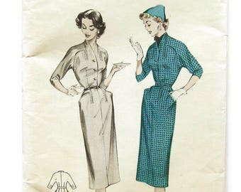 1950s Vintage Sewing Pattern / Slim Fit Dress / Dress with Belt / Wiggle Dress / Top Stitch Detail / Butterick 6670 / Size 16 Bust 34 UNCUT