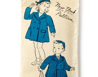 Child's Double Breasted Coat with Back Belt and Hat / Winter Coat / Unisex / 1940s Vintage Sewing Pattern / New York 1326 / Size 4 or Size 8