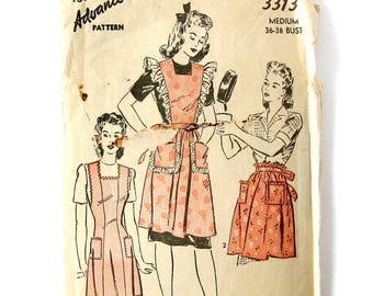 1940s Vintage Apron Pattern - Advance 3313 - Bib APRON with Ruffles - Half Apron with Pockets  / Frilly Apron / 36-38 Bust