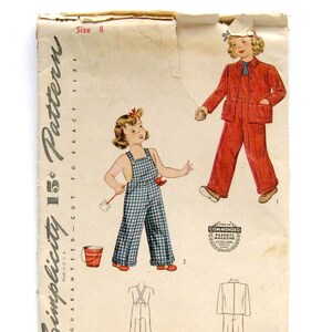 1940er Kinderoverall, Jacke und Mütze, Overall-Muster, Einfachheit 4114 Vintage-Muster, Hosenträger, Größe 8
