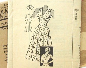 1940s Sundress, Vintage Sewing Pattern, Summer Dress with Fitted Midriff and Back Neck Strap, Cropped Bolero, American Weekly 3895 / Size 14