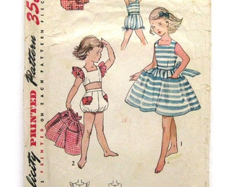 Romper with Cat Pockets, Child's Beach Romper with Skirt, Midriff Top, Ruffle Sleeves, Vintage Sewing Pattern, Simplicity 4363 with Transfer