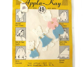 Vintage Apple-Kay Iron Felt Appliqué, Three Bears Appliqués or Patches, Children's Decor, Crafting for Kids, Pink and Baby Blue  Felt