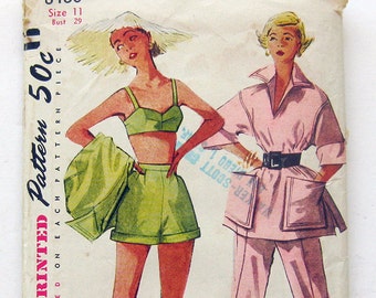 Vintage 1950s Beach Set Sewing Pattern, Simplicity 8480, ROCKABILLY Style, Bra Top, Cover up, Shorts and Pedal Pushers, Size 11 Bust 29