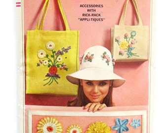Vintage Sewing Crafting Pattern / HAT and TOTE / Rick-Rack Embroidered Flowers / Simplicity 6430 / UNCUTFF