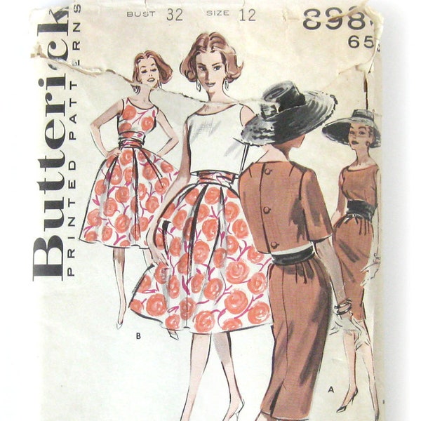 Misses Rockabilly Style Full Skirt Dress or Slim Fit Dress, 1960s Sewing Pattern, Vintage Patterns, Butterick 8980 / Size 12 Bust 32