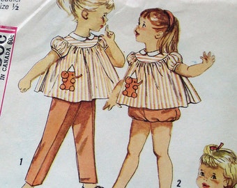 1960s Vintage Sewing Pattern, Child's Romper Set, Toddler Top, Pants Apron with ELEPHANT TRANSFER, Ruffled Bloomers UNCUT / Size 1/2 T