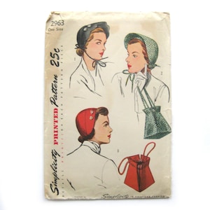 May include: Vintage Simplicity sewing pattern for a hat, featuring three different styles. The pattern is printed on a white paper with red and black text. The pattern number is 2963 and the price is 25 cents.