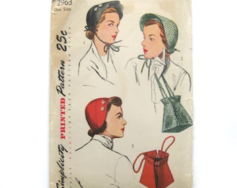 1940s Hat Pattern, Millinery Brimmed Hat, Scalloped & Drawstring Handbag, Hat Making, Vintage Sewing Pattern, Simplicity 2963 / One Size